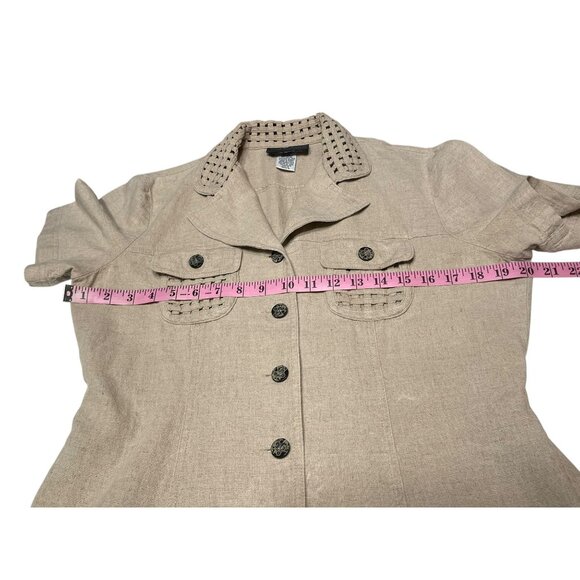 John Roberts Beige Button-Down Midi Dress Size 10 Linen/Rayon Blend Woven Trim S - Picture 3 of 15